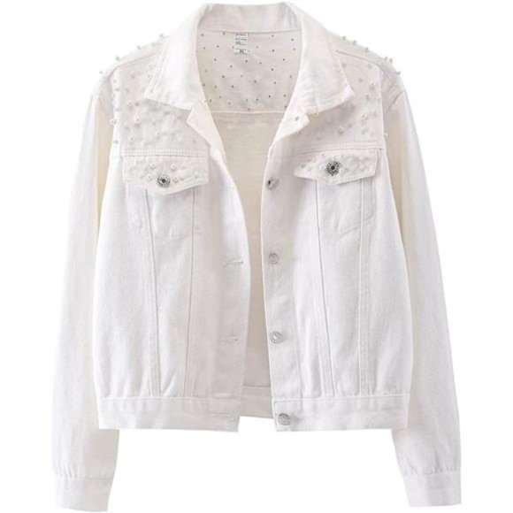 Women Oversized Denim Jacket Embroidered Pearls Beading Jeans Coat C-white - Picture 1 of 6